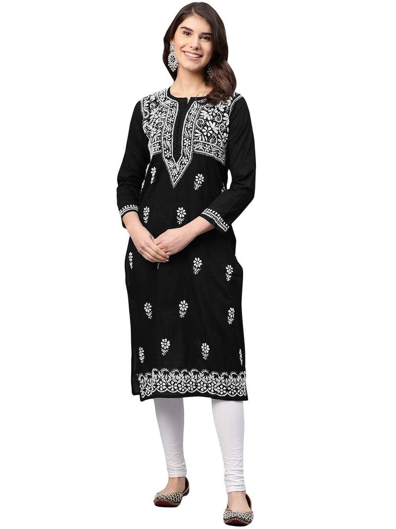 Ada Indian Hand Embroidered Women's Chikankari Cotton Kurta Kurti Tunic A341075 (Small, Black) - Image 1